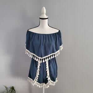 Jack by BB Dakota Blue Off The Shoulder Faith Fringe Trim Romper M
